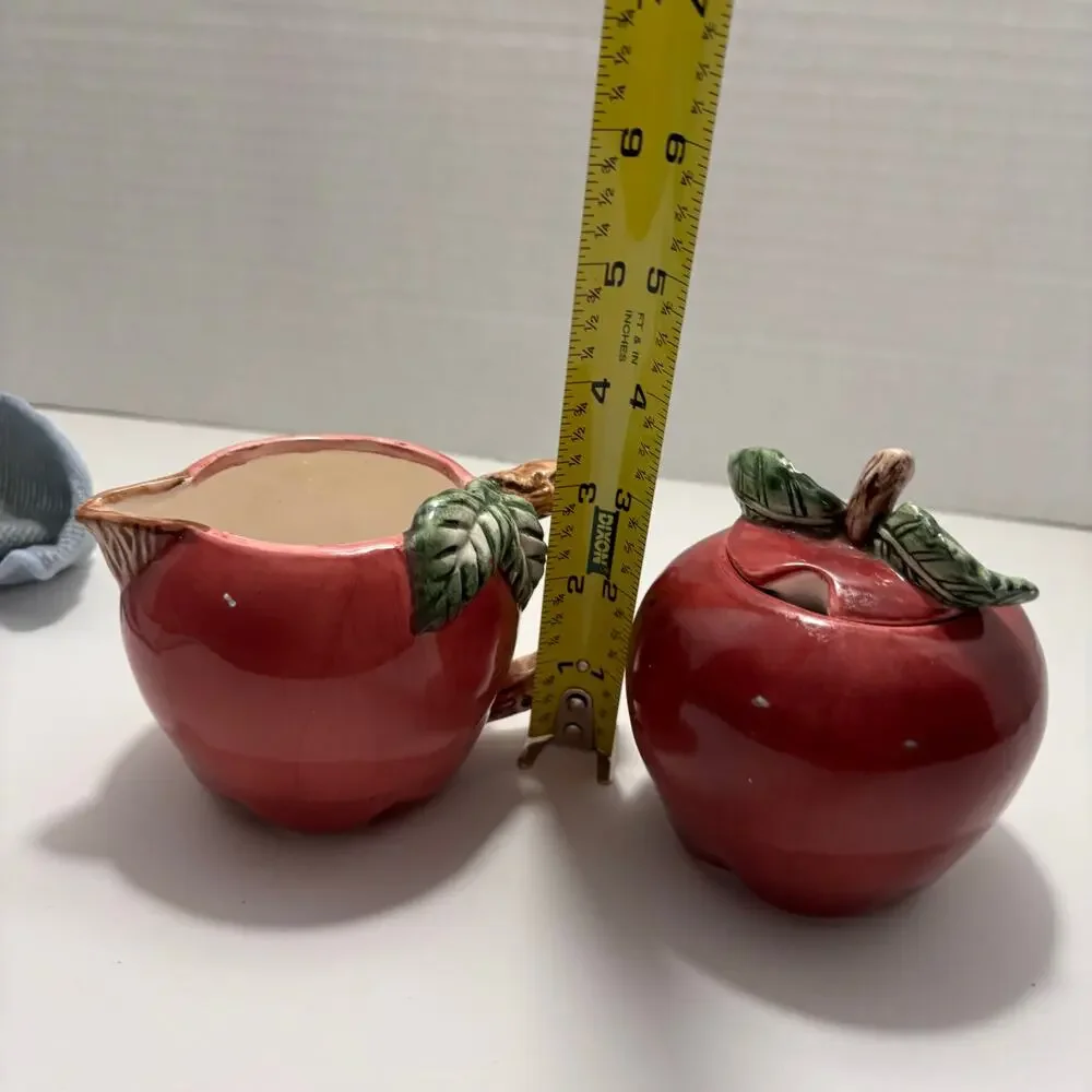 Vintage Red Apple Creamer and Covered Sugar Bowl Set Hand Painted